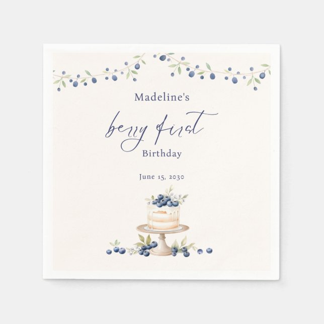 Elegant Berry First Blueberry Birthday Party Pappersservett (Framsidan)