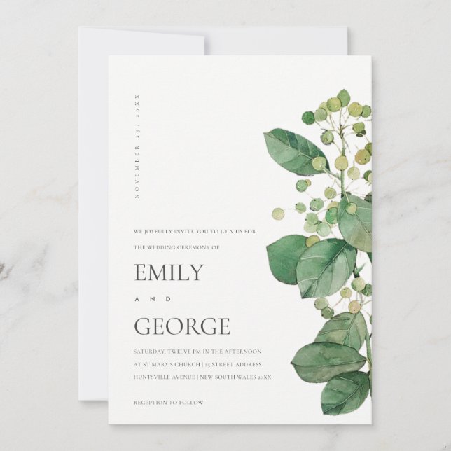 ELEGANT BERRY LÖV FOLIAGE GREENERY WEDDING INVITE TACK KORT (Framsida)