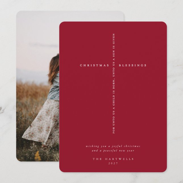 Elegant Berry Röd Skriftkors Foto Julkort (Fram/baksida)