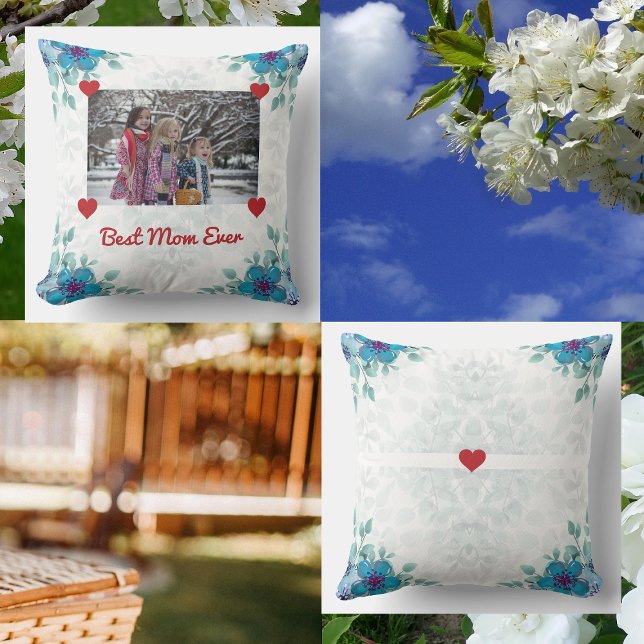 Elegant Best Mamma någonsin Photo Hearts Modern Sc Kudde (Best Mom Ever, personalized floral pillow for Mother's Day with a photo held up by red hearts)