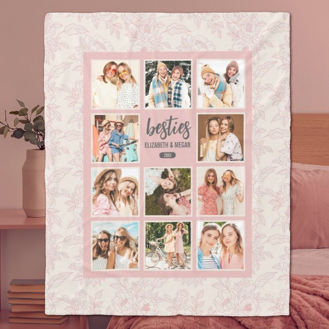Elegant Besties BFF Rosa Photo Collage med Namn Fleecefilt (A pretty, pink feminine best friend photo collage blanket. A perfect gift for a birthday.)