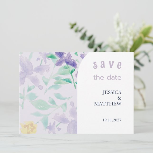 Elegant Bevackra Boho Lilac Blommigt Bröllop Spara Datumet (Stående Fram)