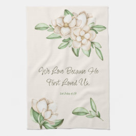 Elegant Bible Verse Botanical Magnolia Script Kökshandduk