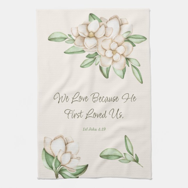 Elegant Bible Verse Botanical Magnolia Script Kökshandduk (Vertikal)