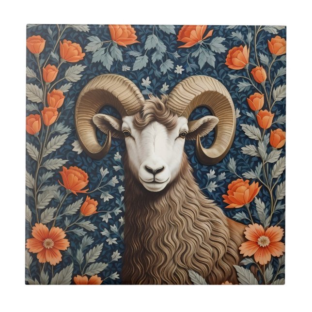 Elegant Big Horn Sheep William Morris Inspired Kakelplatta (Framsidan)