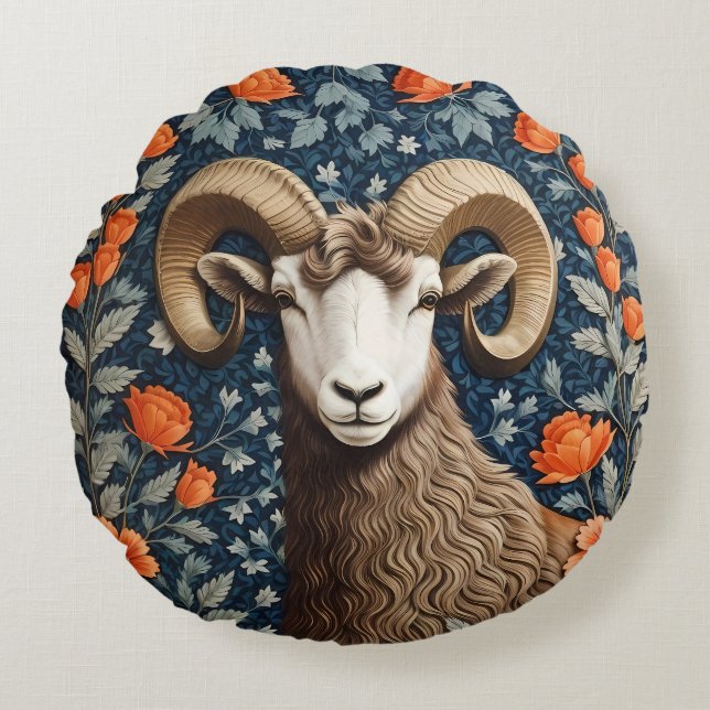 Elegant Big Horn Sheep William Morris Inspired Rund Kudde (Framsidan)