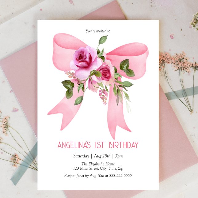 Elegant Big Rosa Bow Ro Blommigt Birday Inbjudningar (Skapare uppladdad)