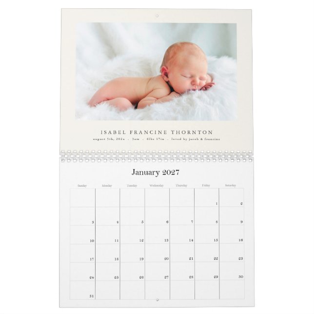 Elegant bild på bebis födelseannonsering 2026 kalender (Jan 2027)