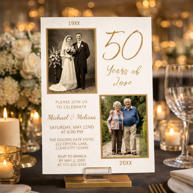 Elegant bildtidslinje för år av kärlek inbjudningar (Elegant 50 years of love anniversary invitation with timeless then and now photo design)