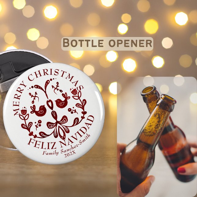 Elegant Bilingual Burgundy Birds-jul Flasköppnare (Christmas bottle opener bilingual Spanish text, custom family name. Multilingual Project)