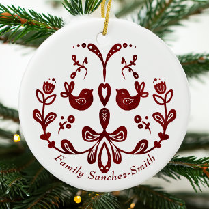 Elegant Bilingual Burgundy Birds-jul Julgransprydnad Keramik