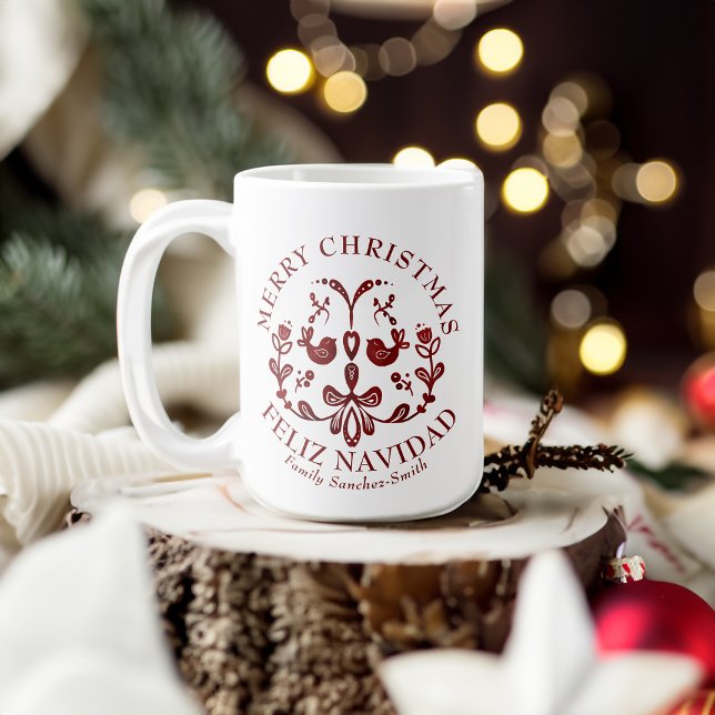 Elegant Bilingual Burgundy Birds-jul Jumbo Mugg (Bilingual Christmas Mug, gift Spanish & family name personalized. Multilingual Project)