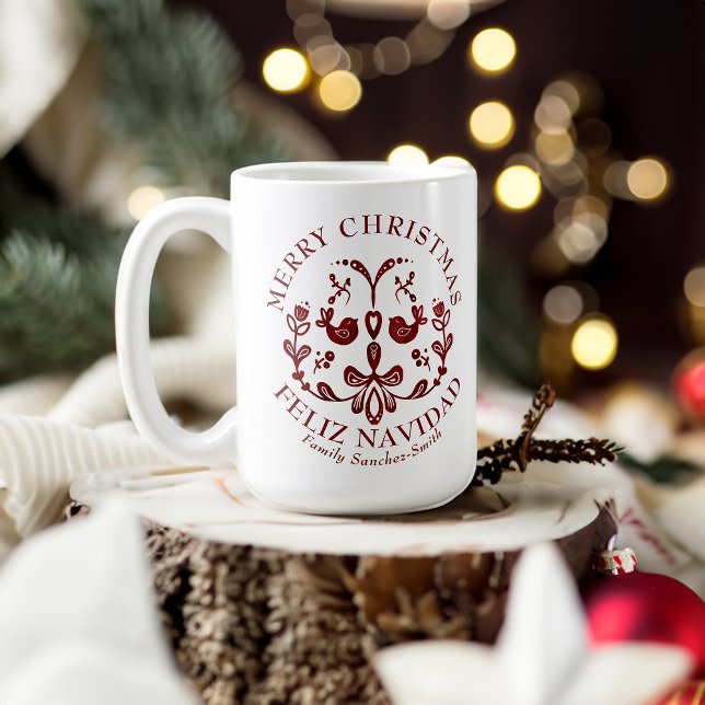 Elegant Bilingual Burgundy Birds-jul Kaffemugg (Biligual Christmas Mug, Spanish, customizable family name & text. Multilingual Project)