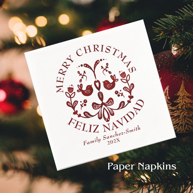 Elegant Bilingual Burgundy Birds-jul Pappersservett (Bilingual Christmas Spanish paper napkins, customizable text & family name. multilingual project)
