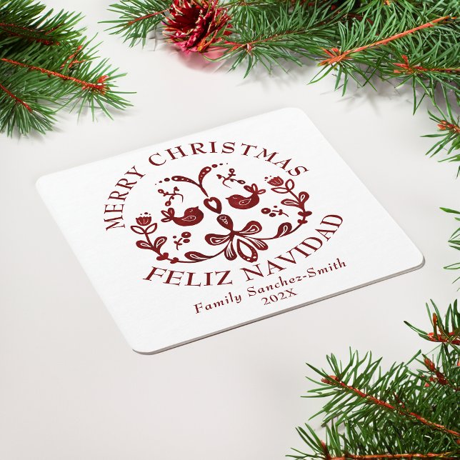 Elegant Bilingual Burgundy Birds-jul Underlägg Papper Kvadrat (Bilingual Christmas Coaster, custamizable text, Spanish, family name, multilingual project)