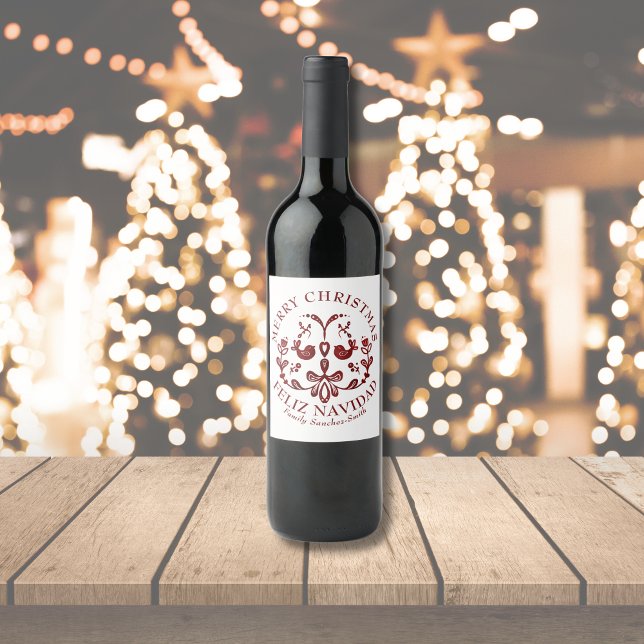 Elegant Bilingual Burgundy Birds-jul Vinflaska Etikett (Bilingual custom text, birds, Merry Christmas-Feliz Navidad wine bottle label. Multilingual project)
