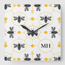 Elegant Bimott Mönster Svart Monogram Gul Modern Fyrkantig Klocka