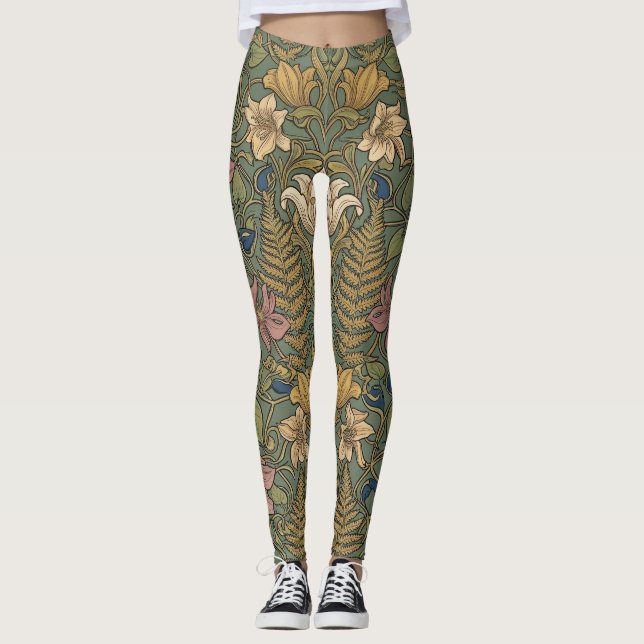 Elegant Biophil Art Nouveau Blommönster Leggings (Framsida)