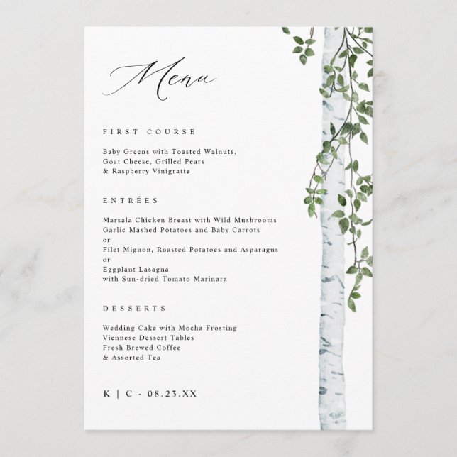 Elegant Birch Träd Aspen Greenery Bröllop Menu Meny (Framsida)