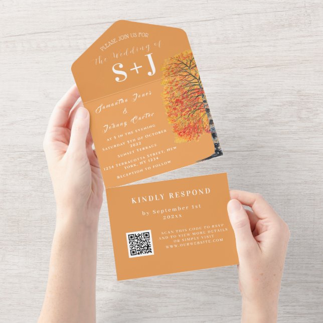 Elegant Birch Träd Fall QR-kod Bröllop OSA (Tearaway)