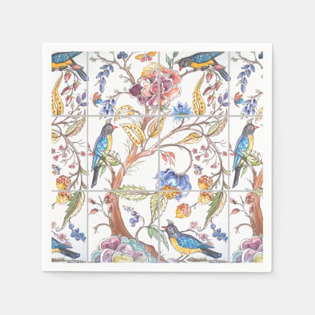 Elegant Bird Blommigt Tile Multifärgad Chinoiserie Pappersservett (Framsidan)