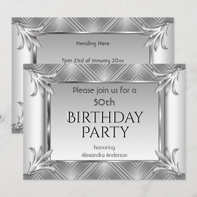 Elegant Birthday Art Deco Silver Chrome Inbjudningar (Fram/baksida)