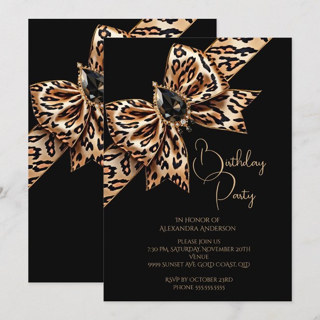 Elegant Birthday Black Gold Leopard Animal Bow Inbjudningar (Skapare uppladdad)