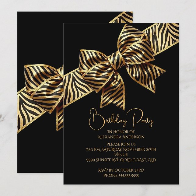 Elegant Birthday Black Gold Wild Zebra Stripe Bow Inbjudningar (Skapare uppladdad)