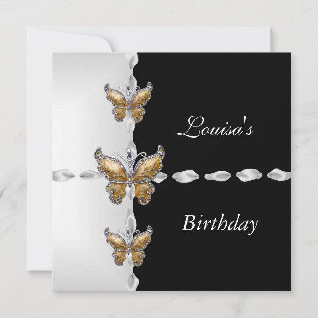 Elegant Birthday Black White Guld Bronze Butterfly Inbjudningar (Framsida)