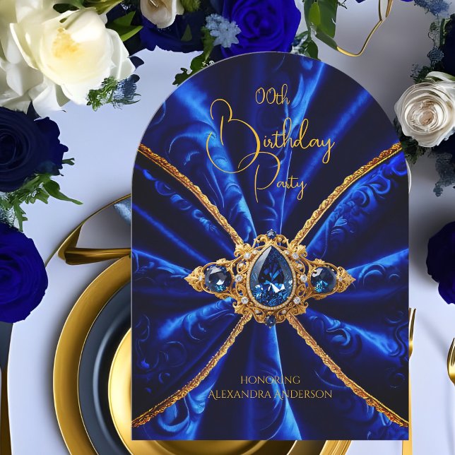 Elegant Birthday Blue Guld Jewel Faux Velvet Inbjudningar (Skapare uppladdad)