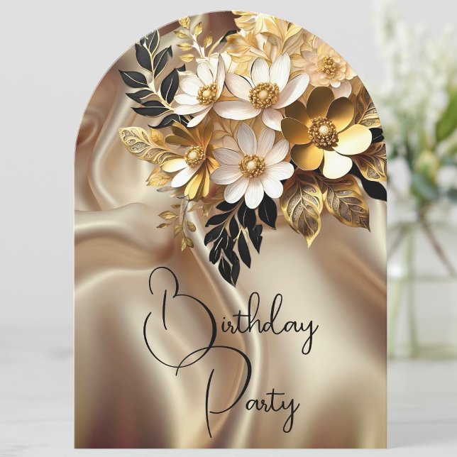 Elegant Birthday Caramel Guld Black White Flowers Inbjudningar (Skapare uppladdad)