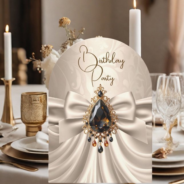 Elegant Birthday Cream Beige Guld Jewel Bow Inbjudningar (Skapare uppladdad)