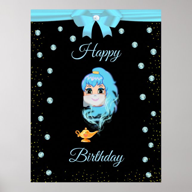 Elegant Birthday Genie, Magic Lamp & Gems on Black Poster (Framsidan)