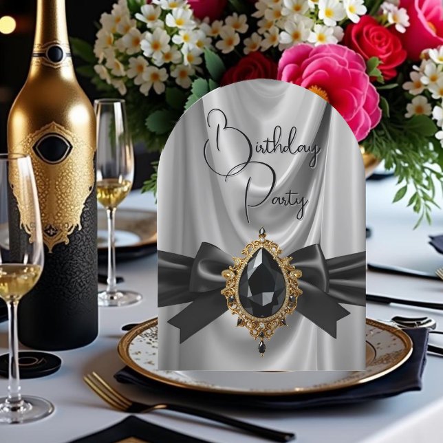 Elegant Birthday Grått Guld Black Jewel Bow Inbjudningar (Skapare uppladdad)