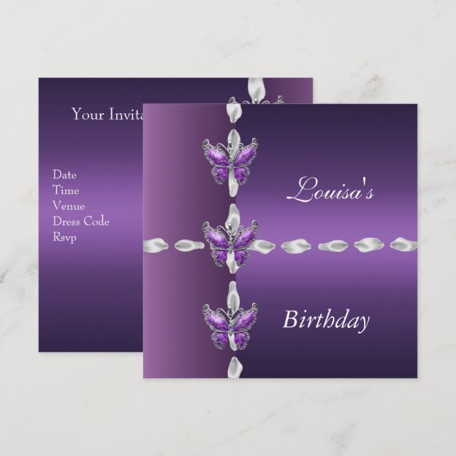 Elegant Birthday Inbjudan Lilac Lila Butterfly (Fram/baksida)