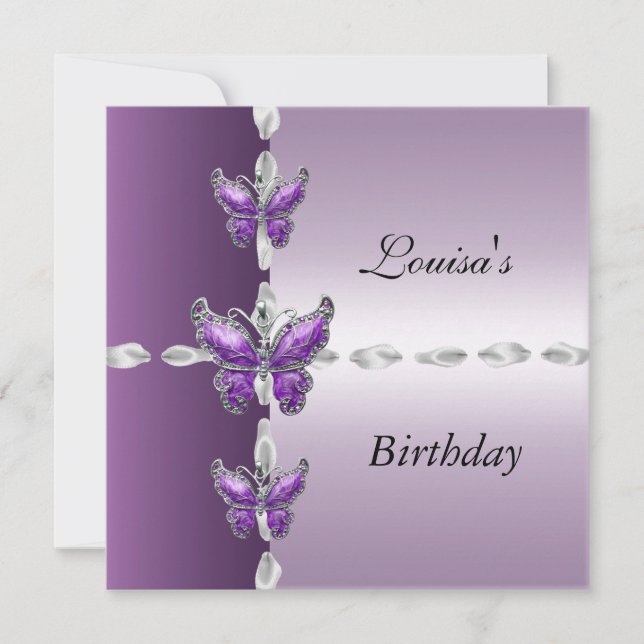 Elegant Birthday Inbjudan Lilac Lila Butterfly (Framsida)