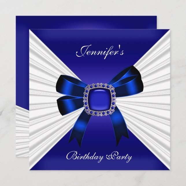 Elegant Birthday Inbjudan Royal Blue Jewel White (Fram/baksida)