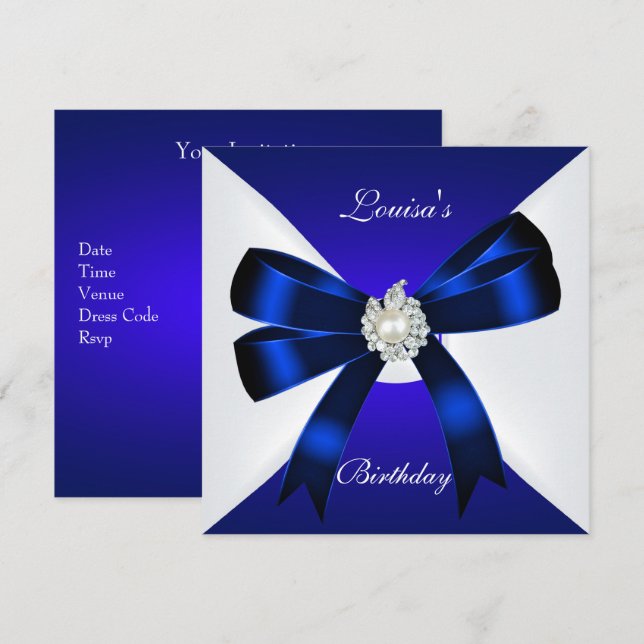 Elegant Birthday Inbjudan Royal Blue Pearl White (Fram/baksida)