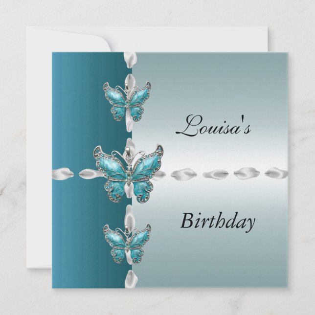 Elegant Birthday Inbjudan Teal Blue Butterfly (Framsida)
