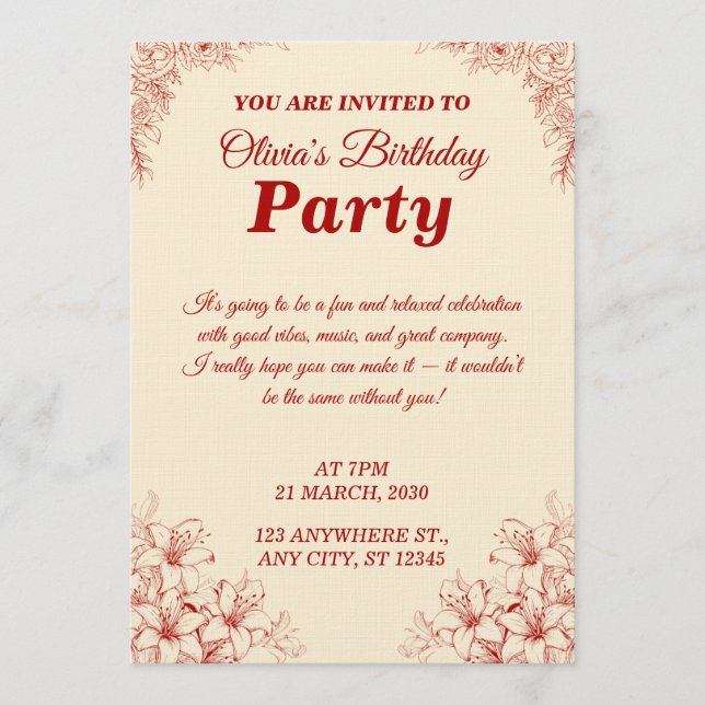 Elegant Birthday Invitation Card – Custom Floral D Inbjudningar (Framsida)