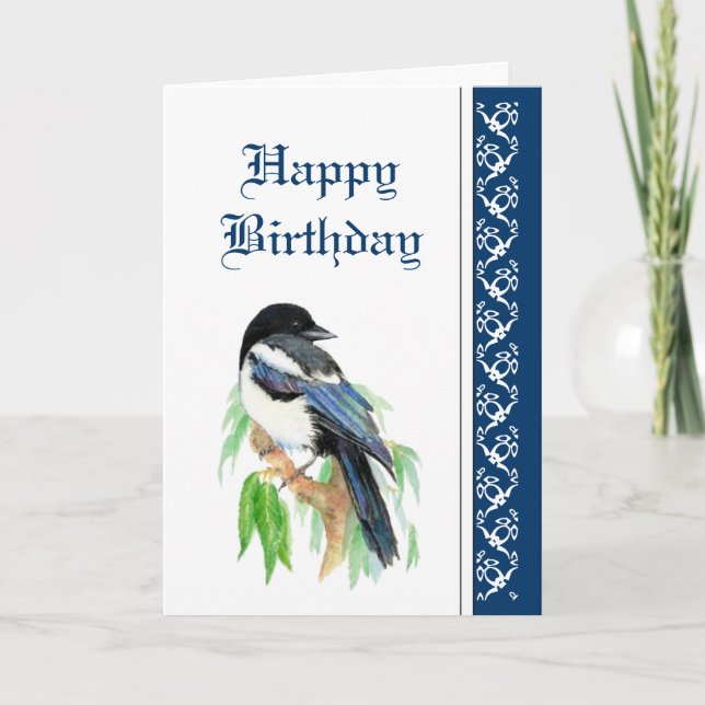 Elegant Birthday, Magpie, Bird Nature Wildlife Kort (Framsida)
