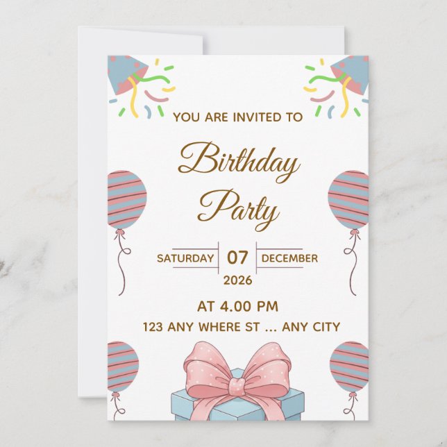 Elegant Birthday Party Invitation with Balloons Inbjudningar (Framsida)