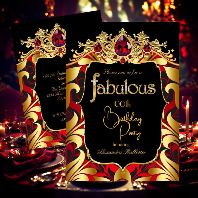 Elegant Birthday Party Red Gold Black Damask Gems Inbjudningar (Skapare uppladdad)