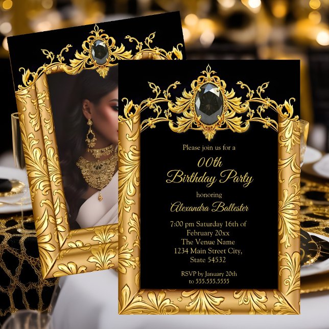 Elegant Birthday Photo Black Guld Golden Damask Inbjudningar (Skapare uppladdad)