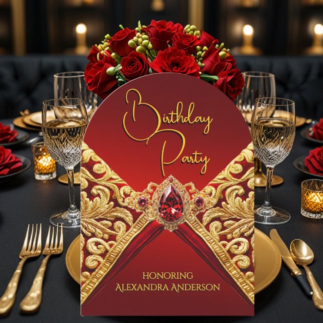 Elegant Birthday Regal Red Guld Jewel Fabric Inbjudningar (Skapare uppladdad)