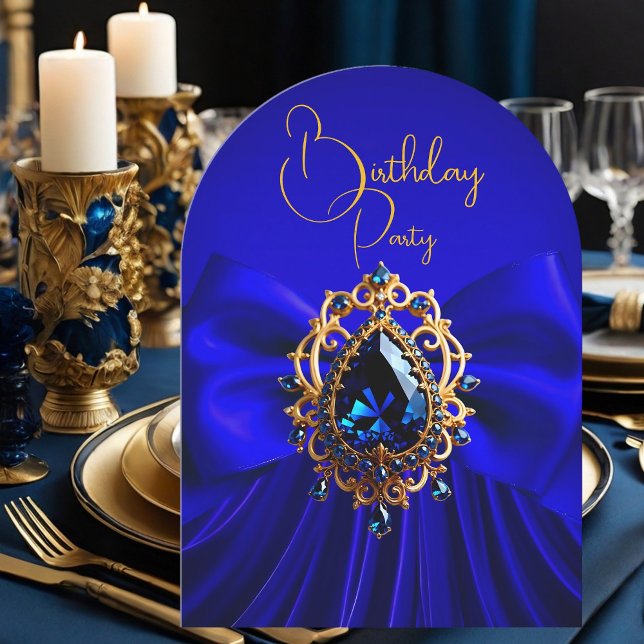 Elegant Birthday Royal Blue Bow Guld Jewel Inbjudningar (Skapare uppladdad)