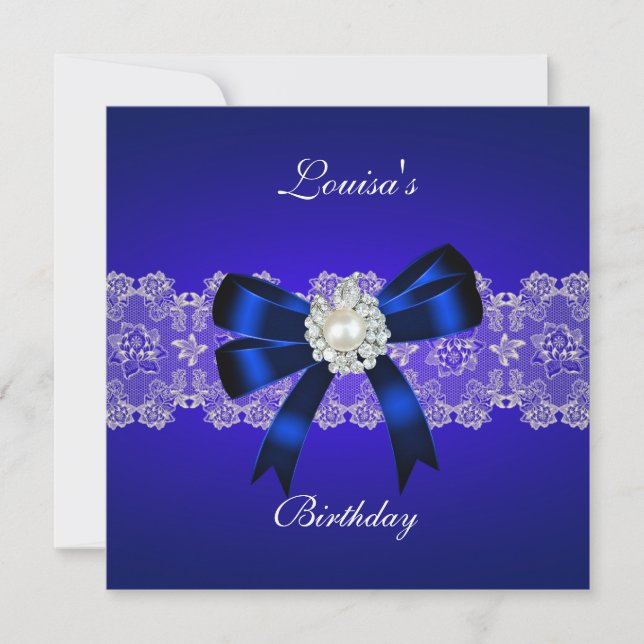 Elegant Birthday Royal Blue Pearl White Snöre Inbjudningar (Framsida)
