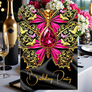 Elegant Birthday Shock rosa Black Guld Jewel Inbjudningar
