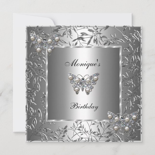 Elegant Birthday Silver Blommigt Butterfly Jewel 2 Inbjudningar (Framsida)