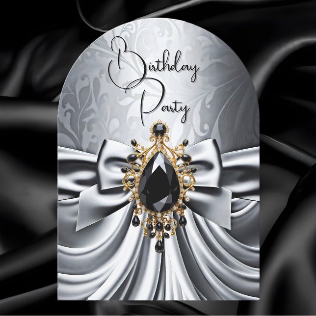 Elegant Birthday Silver Grått Guld Black Jewel Bow Inbjudningar (Skapare uppladdad)
